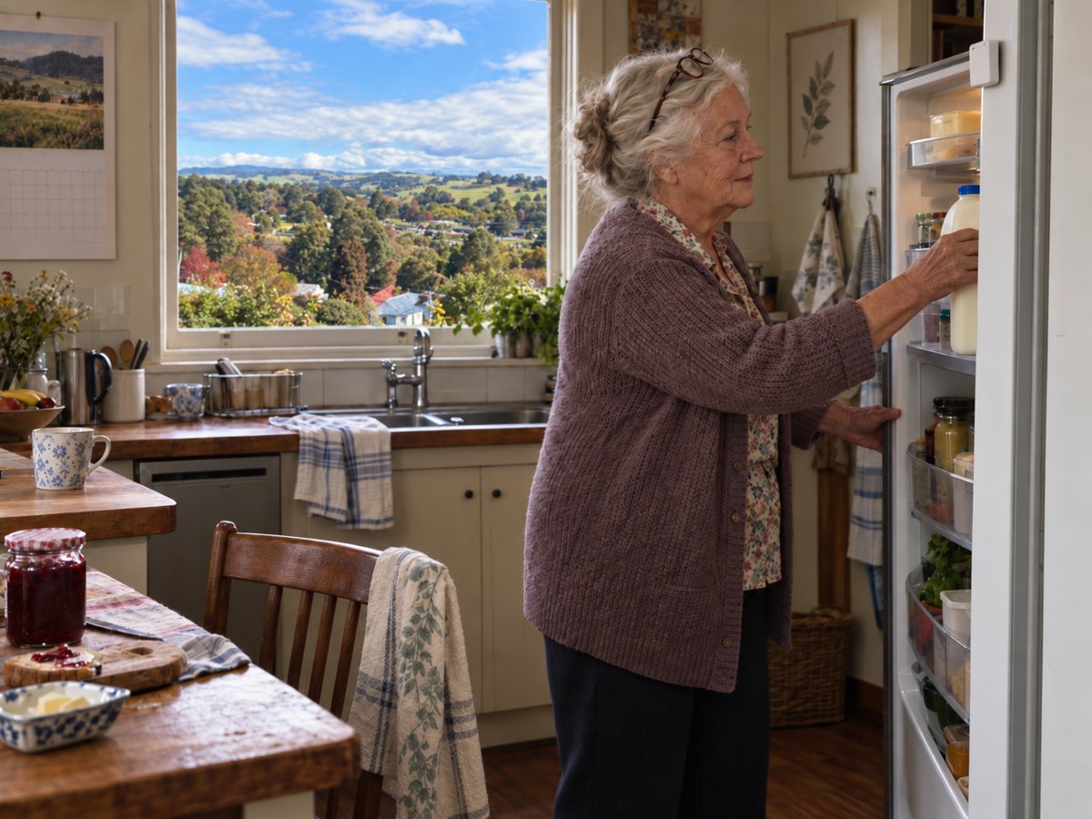 An older woman in a country kitchen; a small white sensor sits on the edge of the fridge door